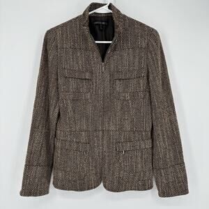 Lafayette 148 Womens 2 Brown Wool Blend Tweed Full Zip Jacket Pockets Classic